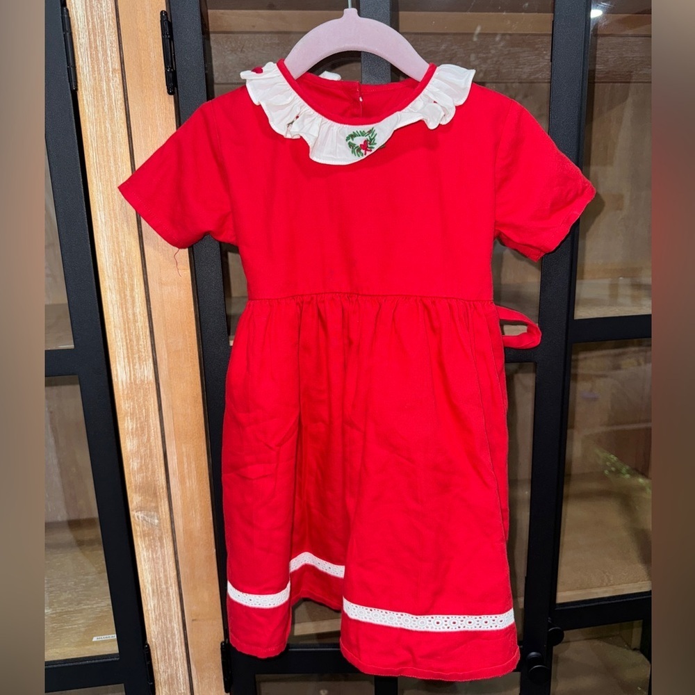 Embroidered christmas dress ruffle collar toddler girl wreath candy cane bow